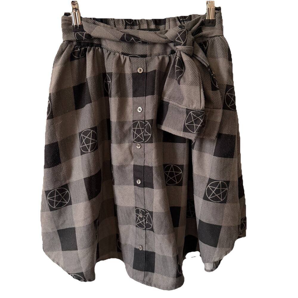 Supernatural Womens Small Full Skirt Pentagram Plaid Black Gray Pockets Belt